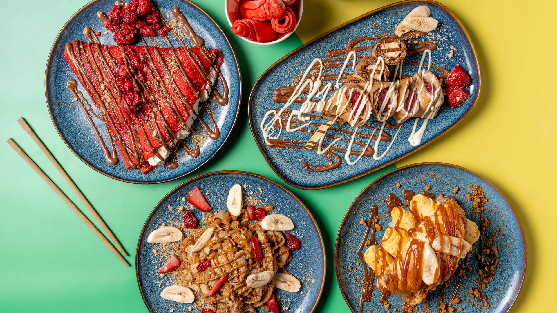 Combo of rolled ice cream, crepe and drink